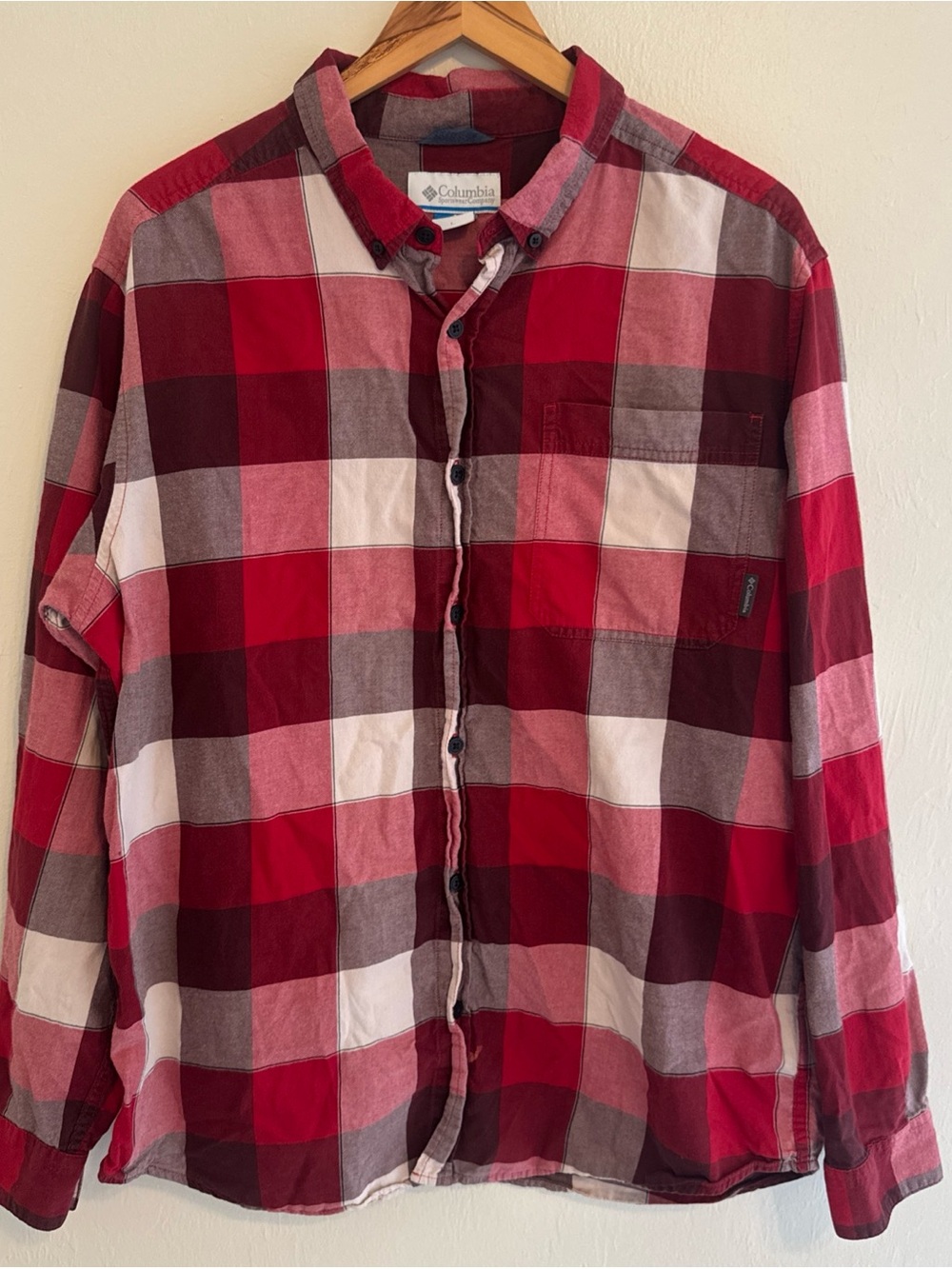 Columbia Men's Large Button Down Shirt Red Plaid Long Sleeve Cotton